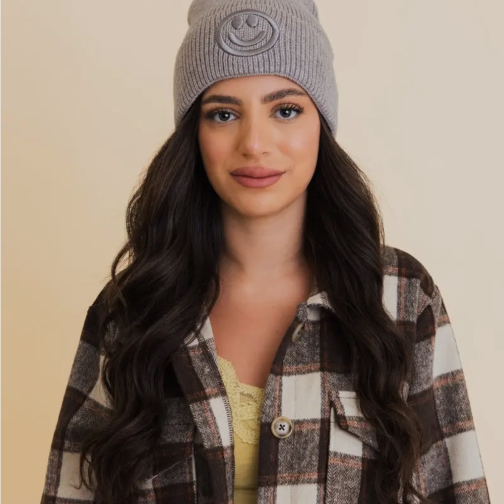 Happy Face Embroidered Ribbed Knit Beanie - Picture 6 of 14